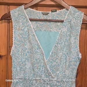 Eddie Bauer Womens Teal Floral Faux Wrap Midi Dress Lace Trim Size 4 Sleeveless